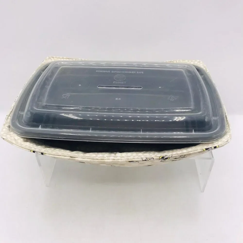 Reversible Microwave Cozie For Takeout Containers Cottage Core Bees on Beige
